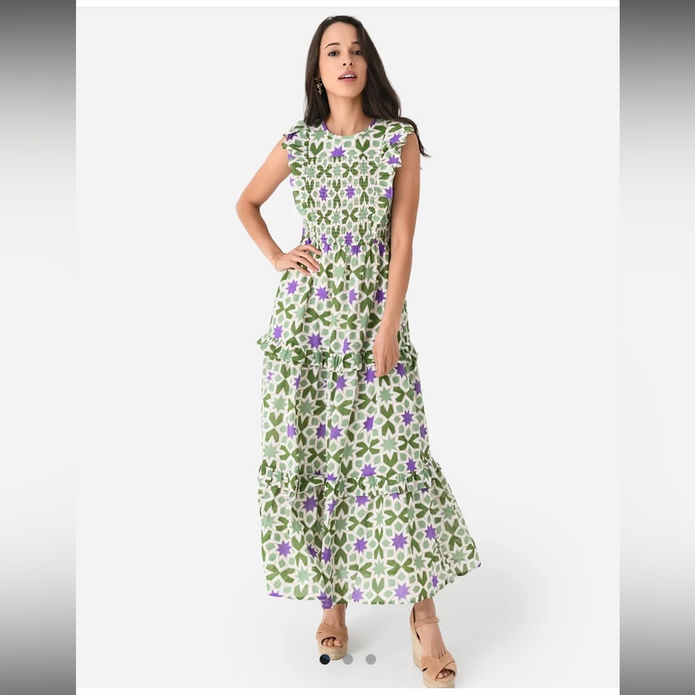Banjanan women Iris Smocked Ruffle Midi Dress in Star Gazer Jade M boho cottage